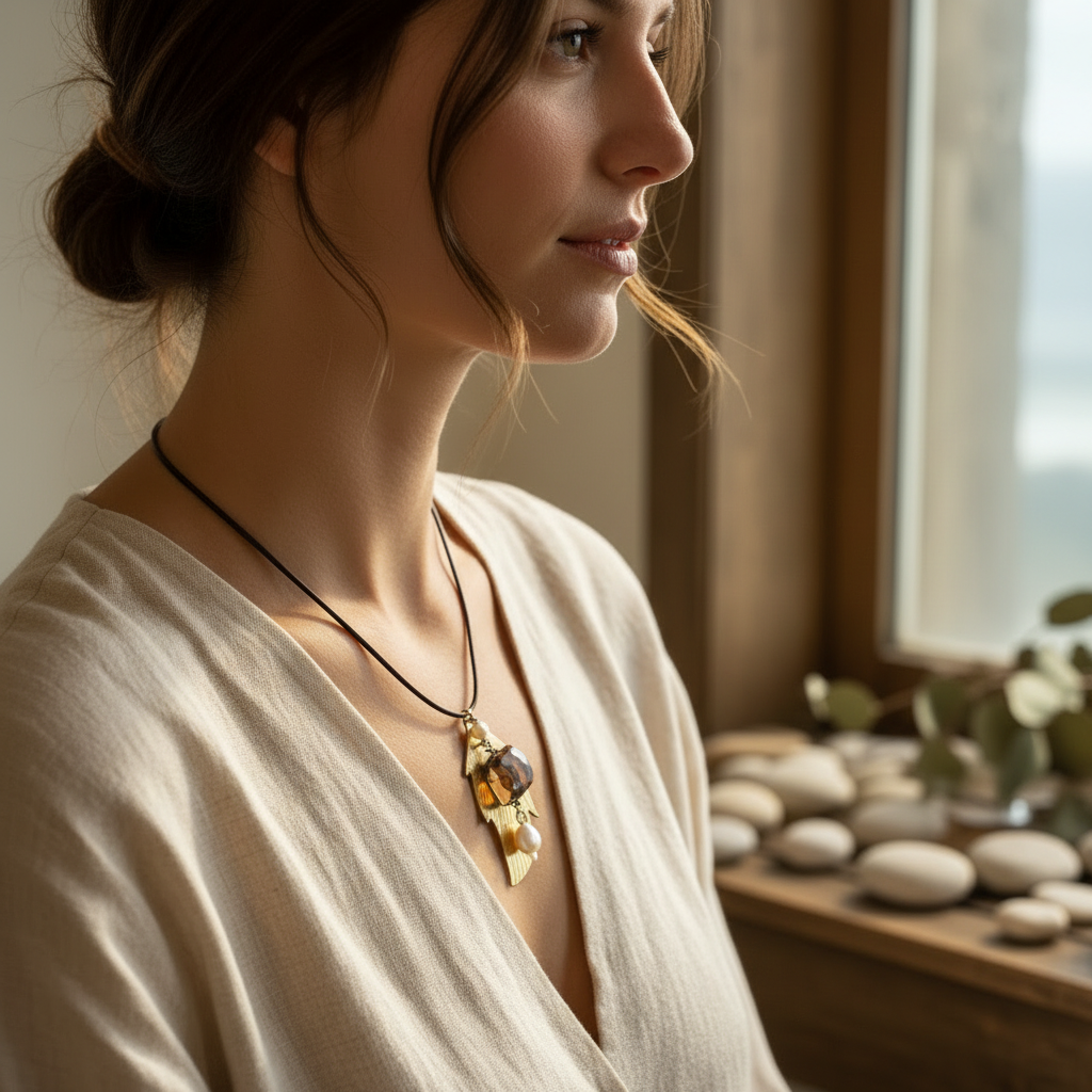 Golden Leaf Whisper Pendant Model Shot Square