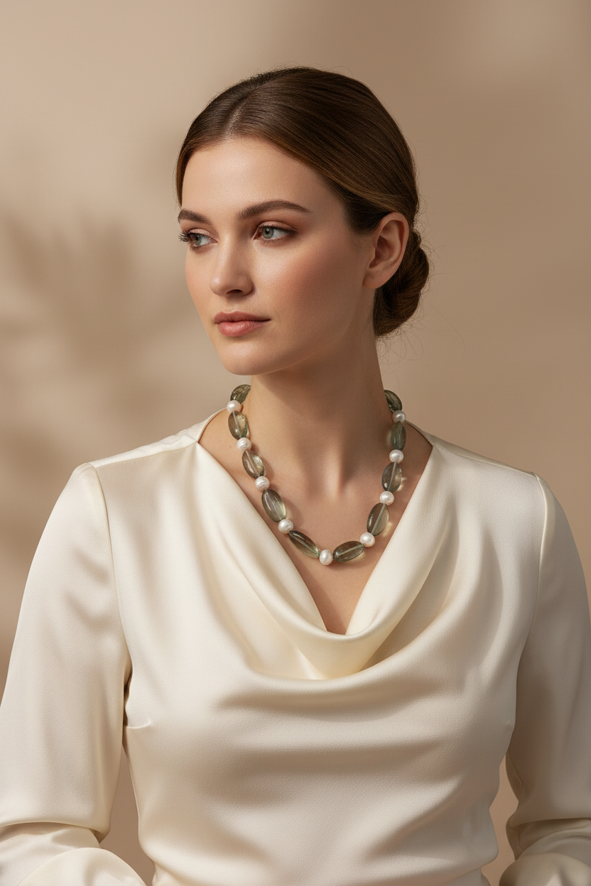 Green amethyst and baroque pearl necklace on model
