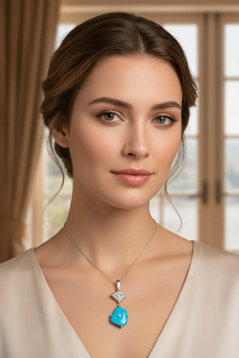 Turquoise and Diamond Pendant - Model Wearing