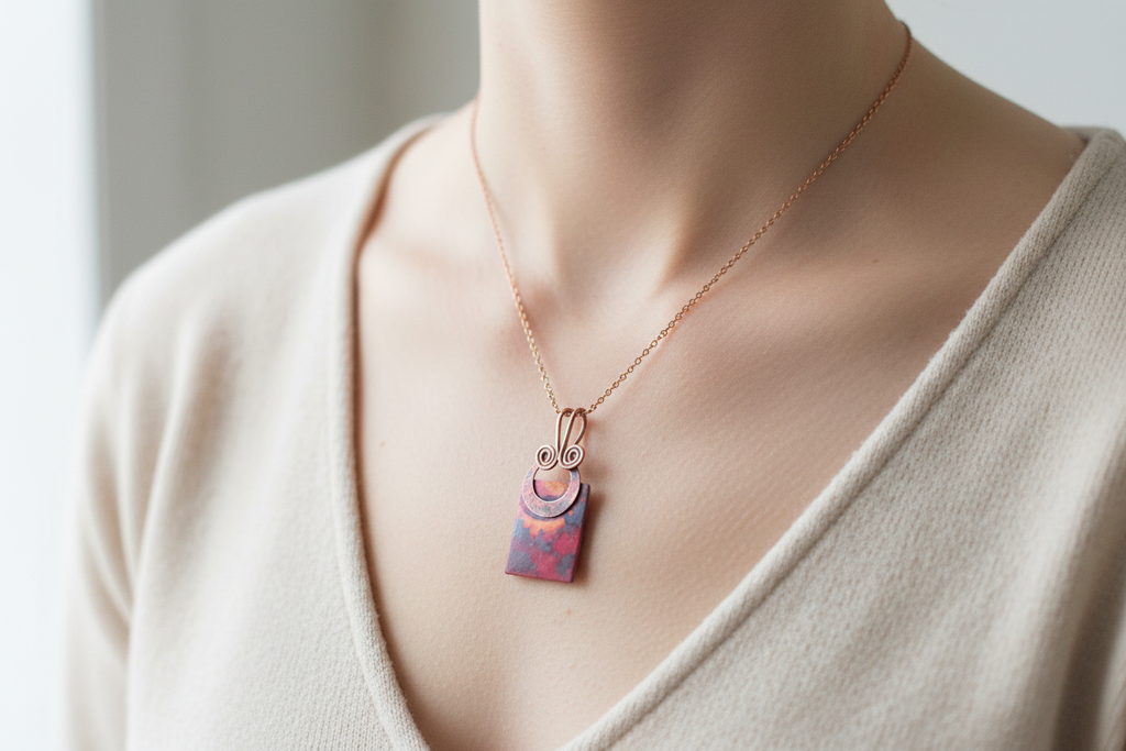 Sunset Dreams Copper Pendant worn by model