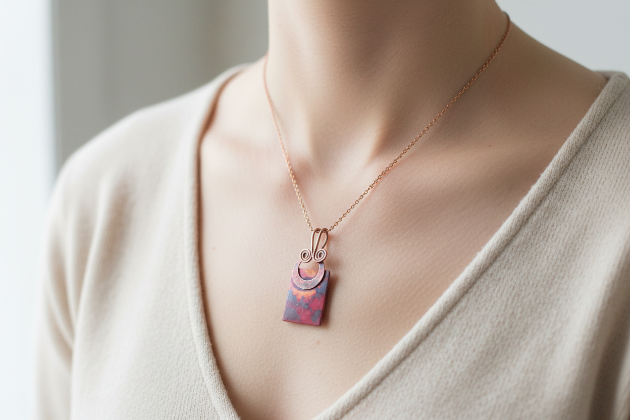 Sunset Dreams Copper Pendant worn by model