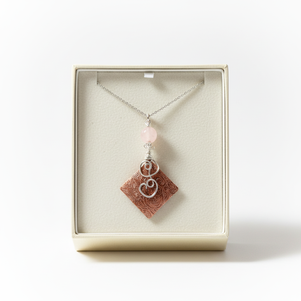 Copper Scroll and Rose Quartz Pendant in gift box