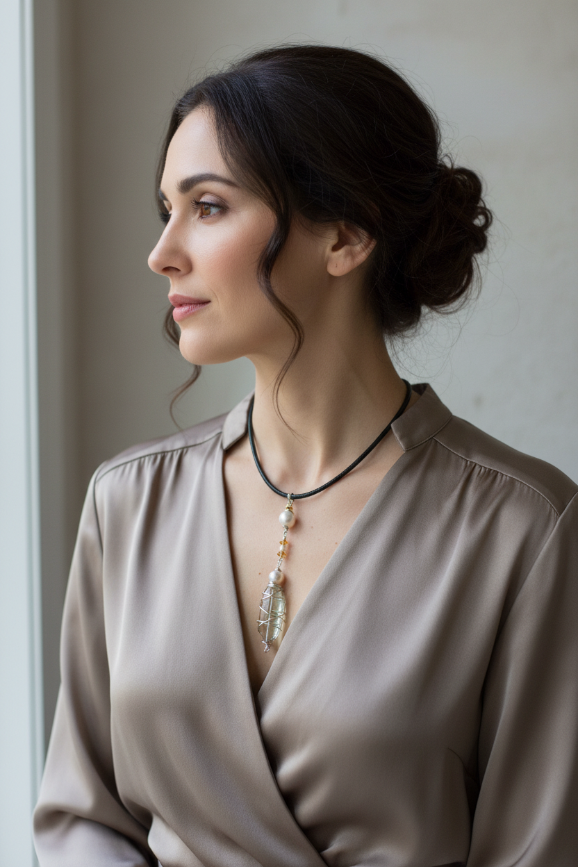 Green apple amethyst pendant necklace worn on model