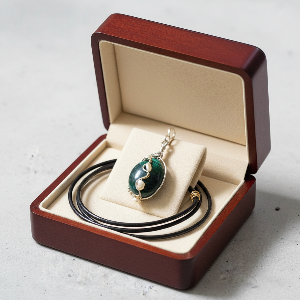 Malachite necklace in elegant jewelry gift box