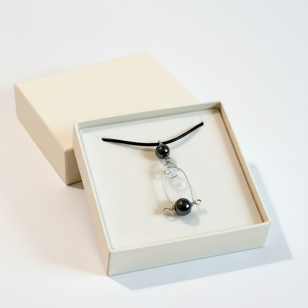 Contemporary Hematite and Silver Wire Pendant in gift box