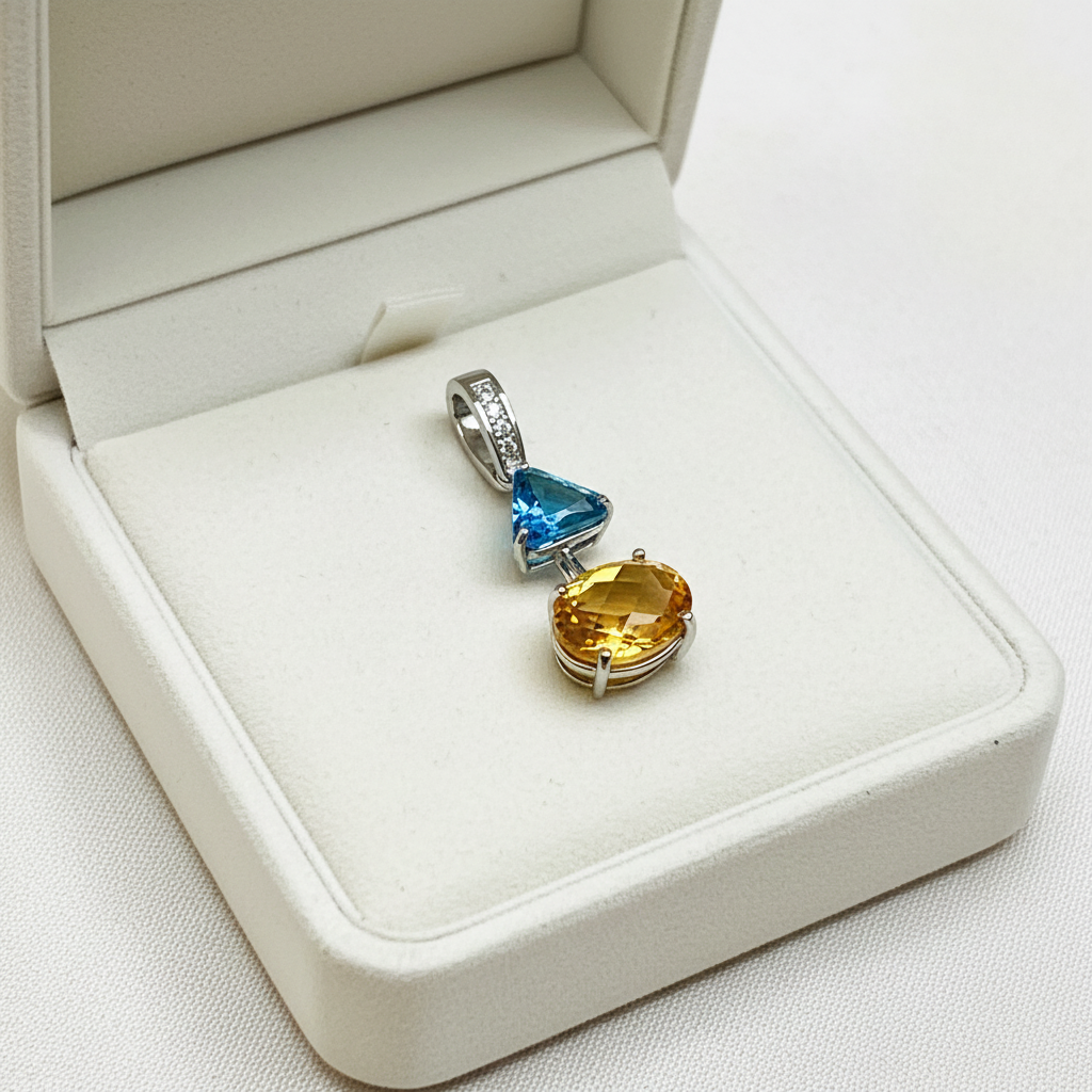 14K White Gold Citrine and Blue Topaz Pendant - Gift Box Presentation