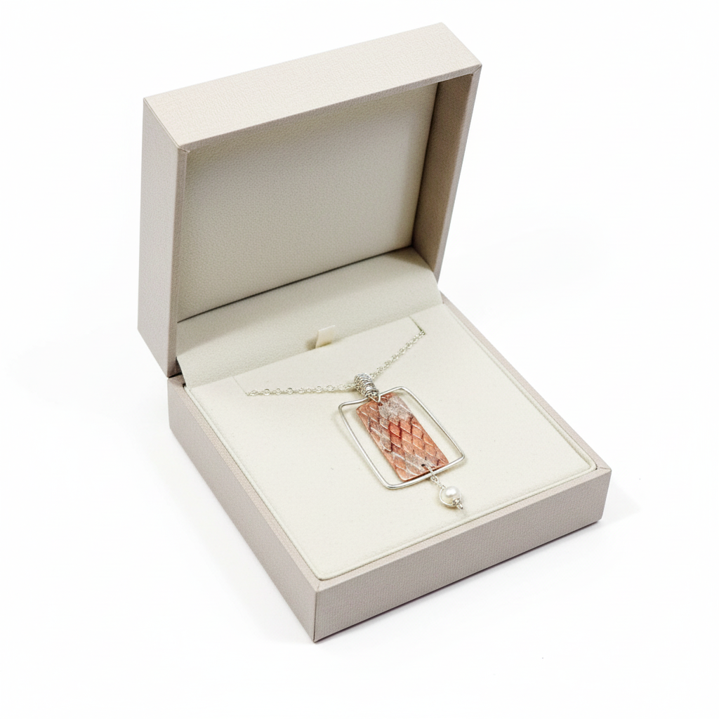 Framed Copper Mermaid Scale and Pearl Pendant in gift box