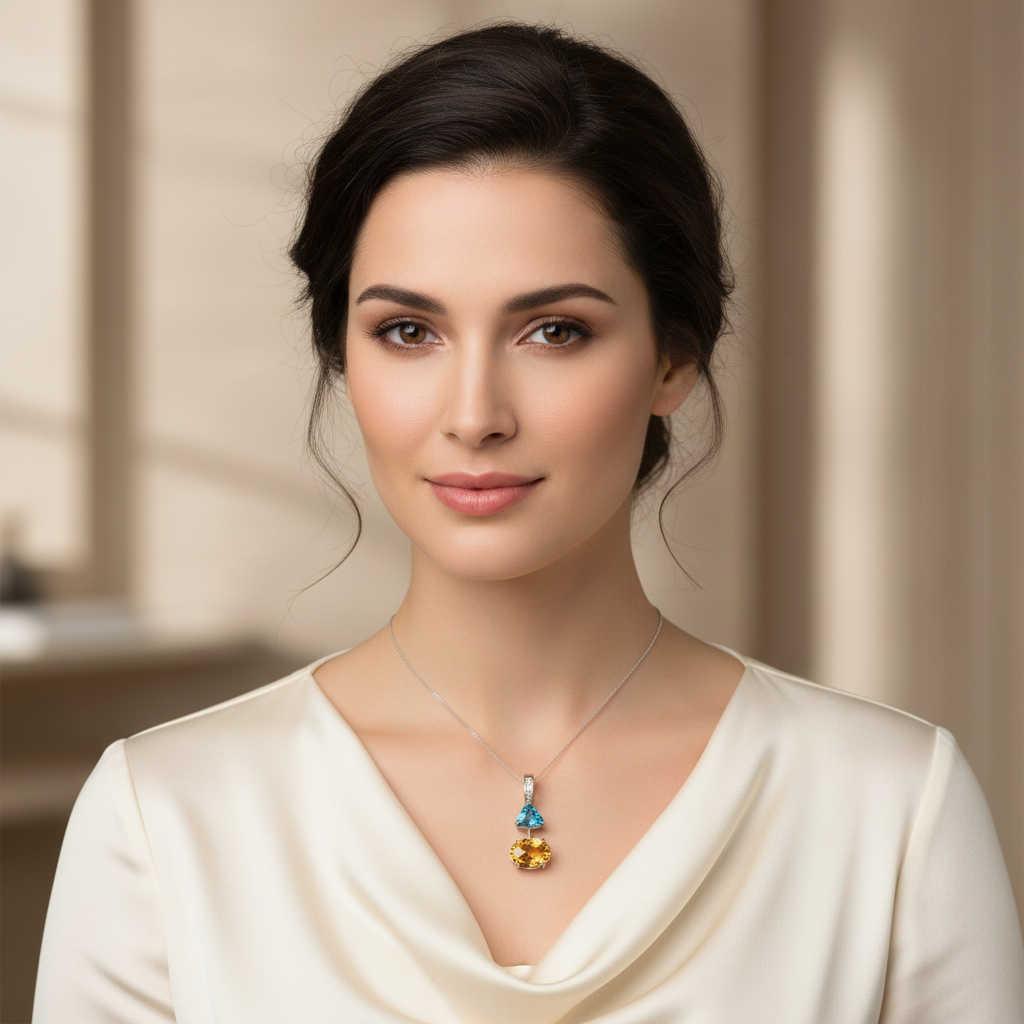 14K White Gold Citrine and Blue Topaz Pendant - Lifestyle Model