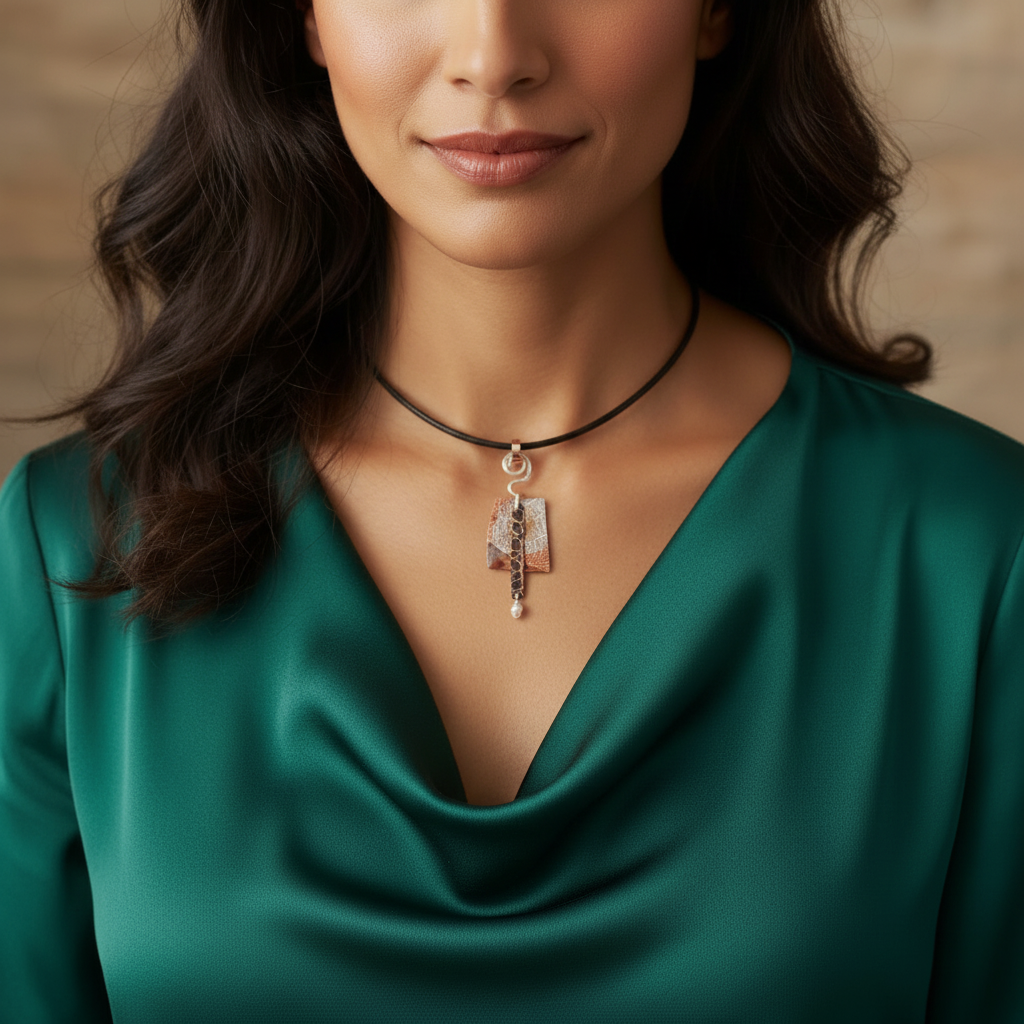 Textured Copper and Pearl Pendant - Lifestyle Model with Green Top