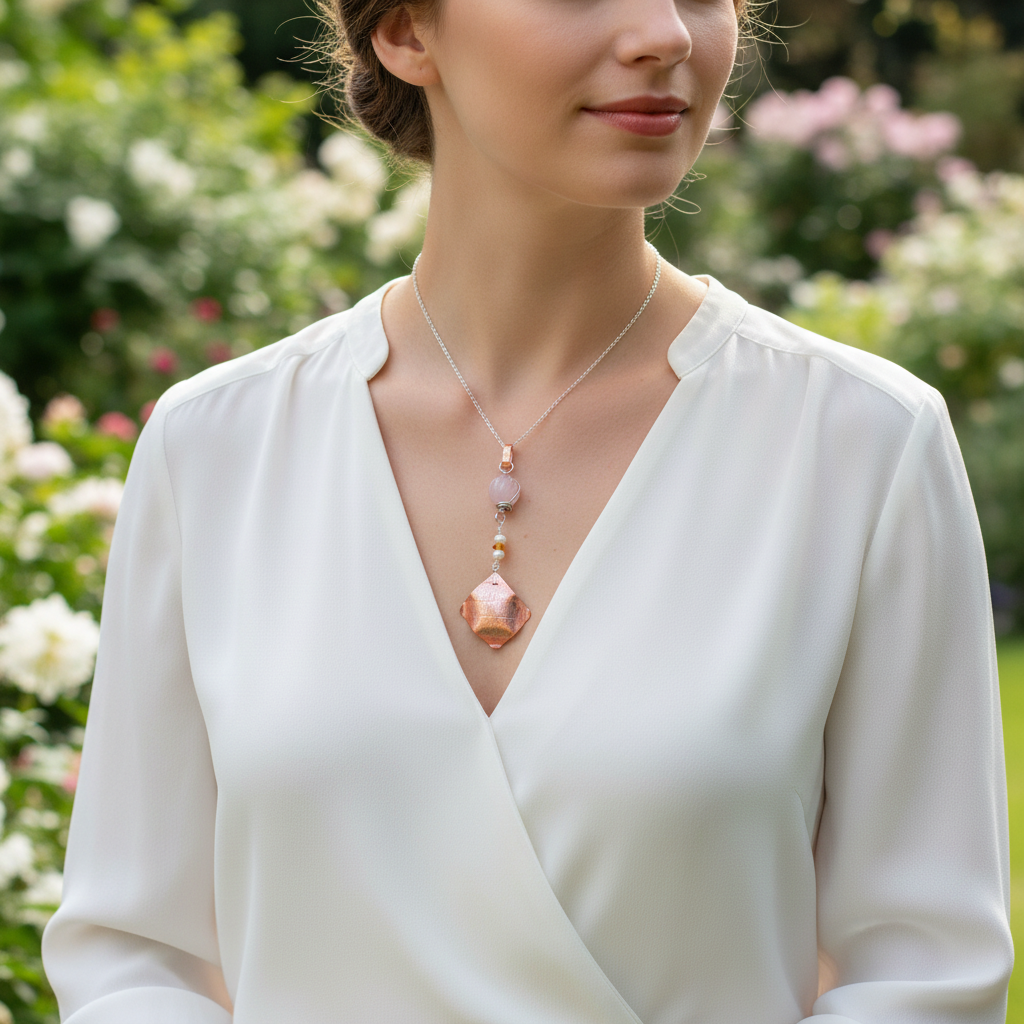Autumn Leaf Copper and Rose Quartz Pendant lifestyle photo