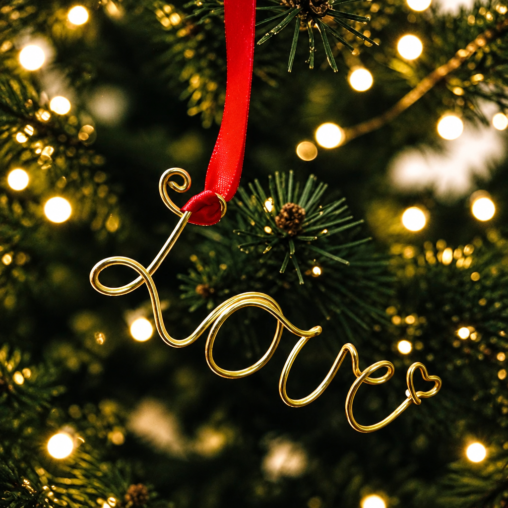Square image of a gold-tone wire LOVE Christmas ornament with red ribbon on a Christmas tree