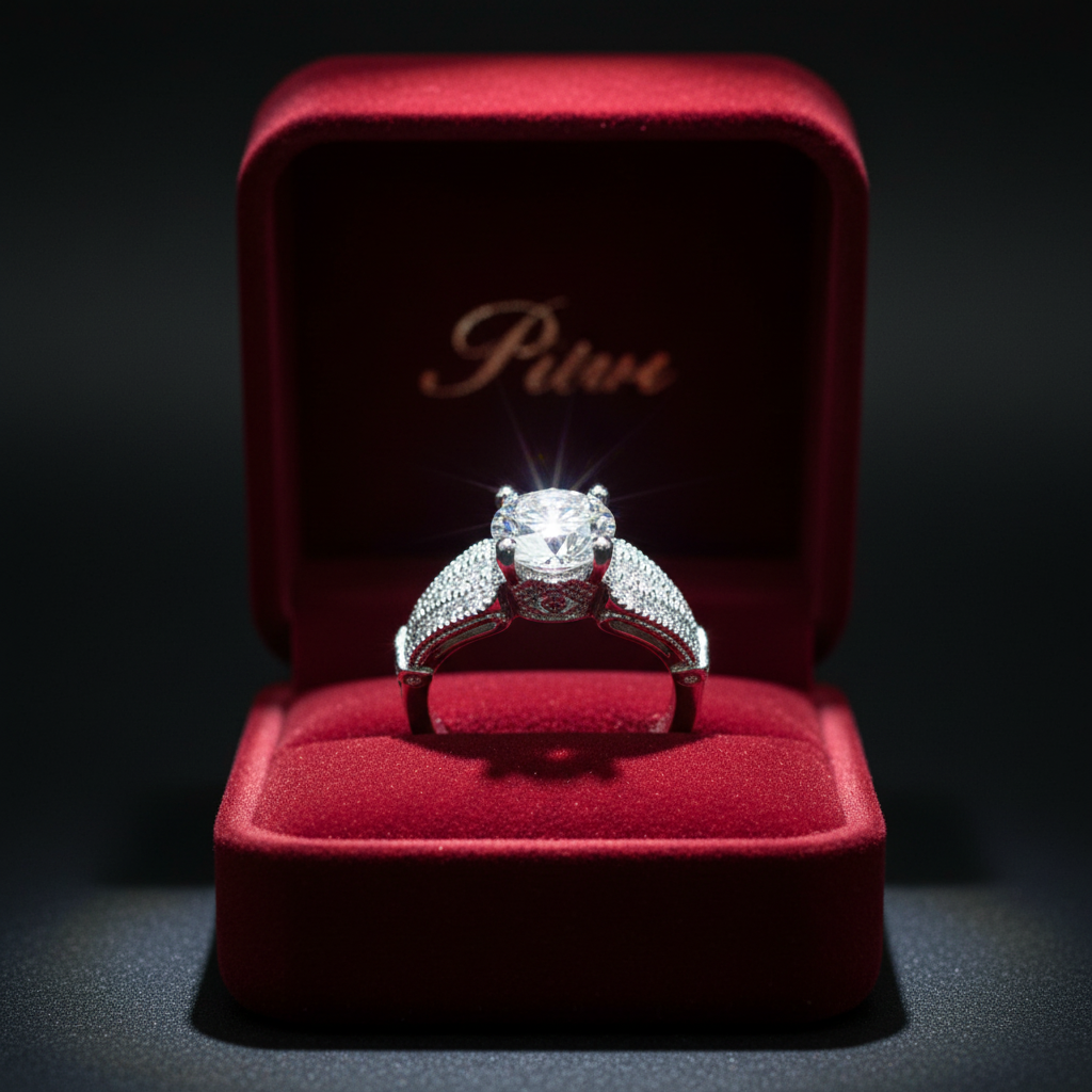 Diamond engagement ring in red jewelry box