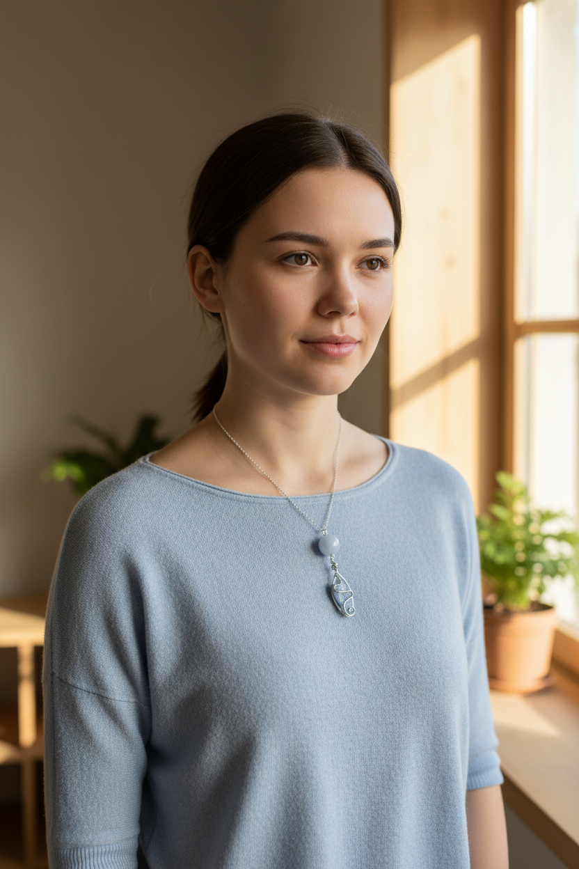 Blue pendant necklace worn lifestyle shot