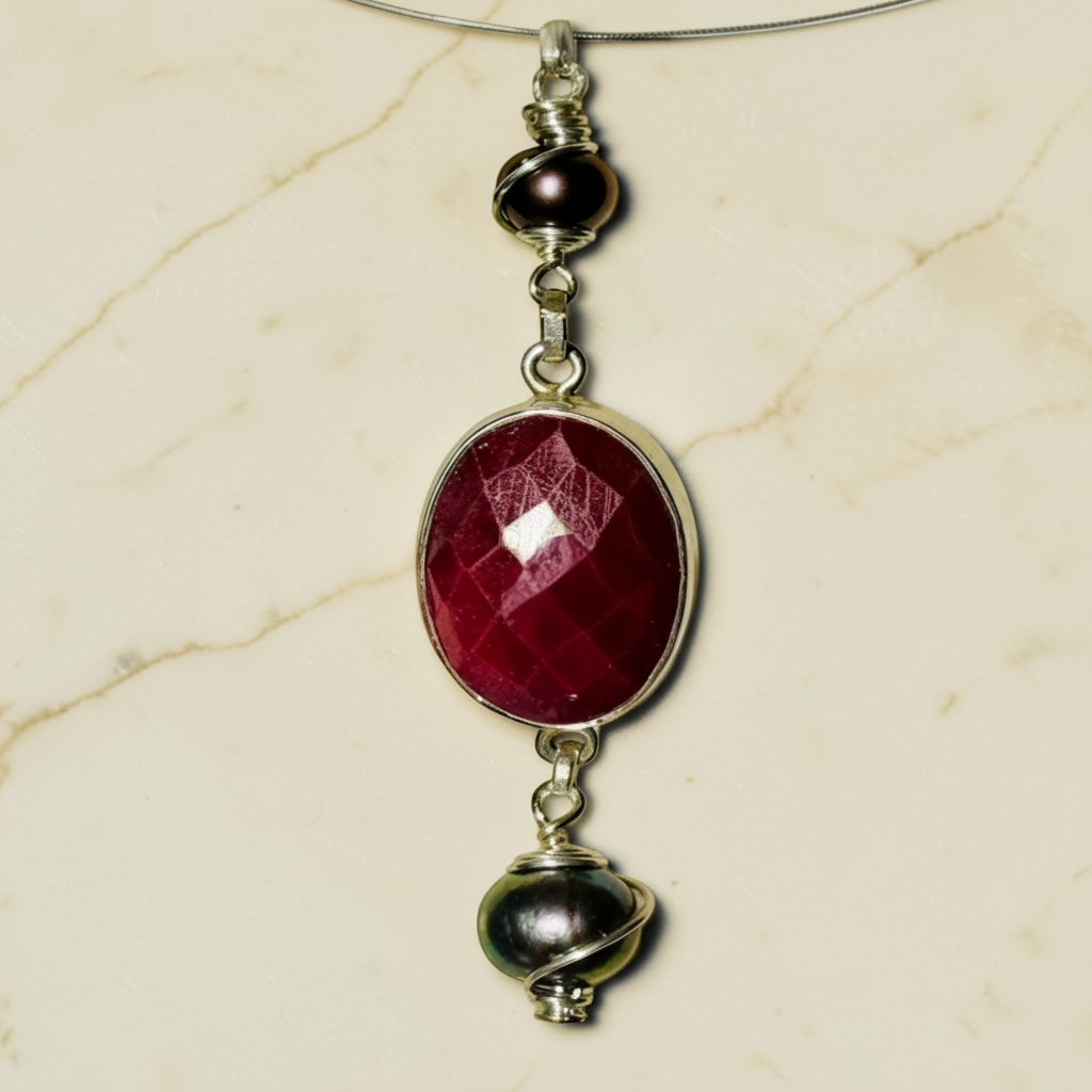 Close-up detail of ruby and pearl pendant