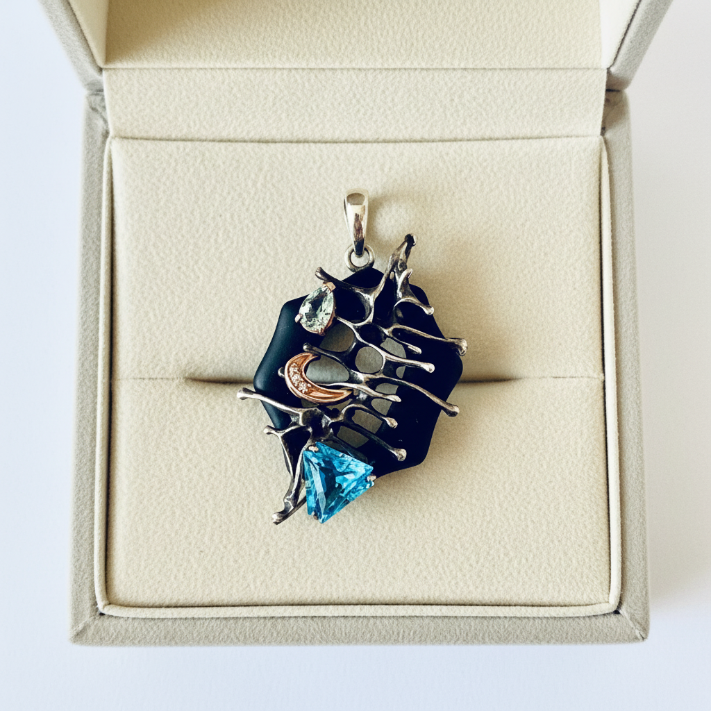 Black Onyx and Blue Topaz Pendant - Gift Box Presentation
