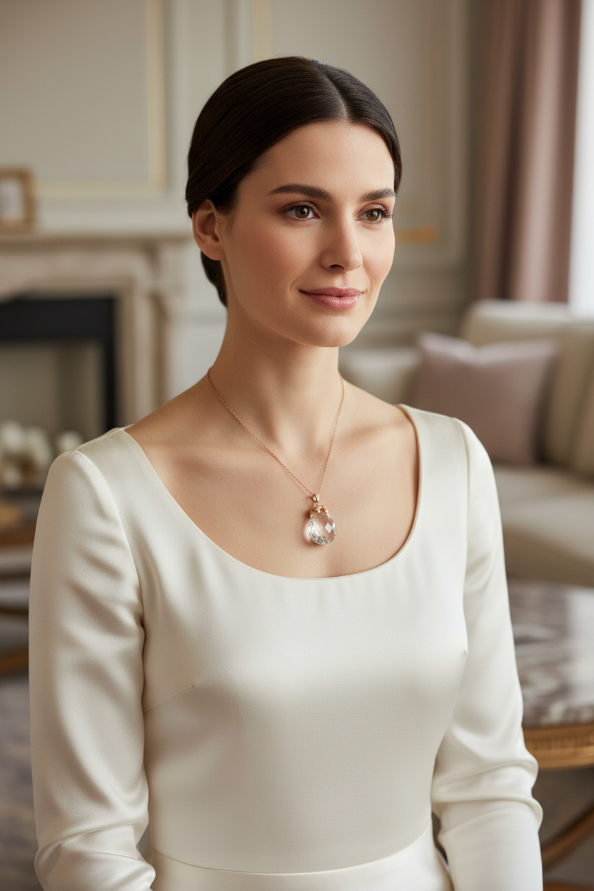 Natural Crystal Rose Gold Pendant - Model Wearing