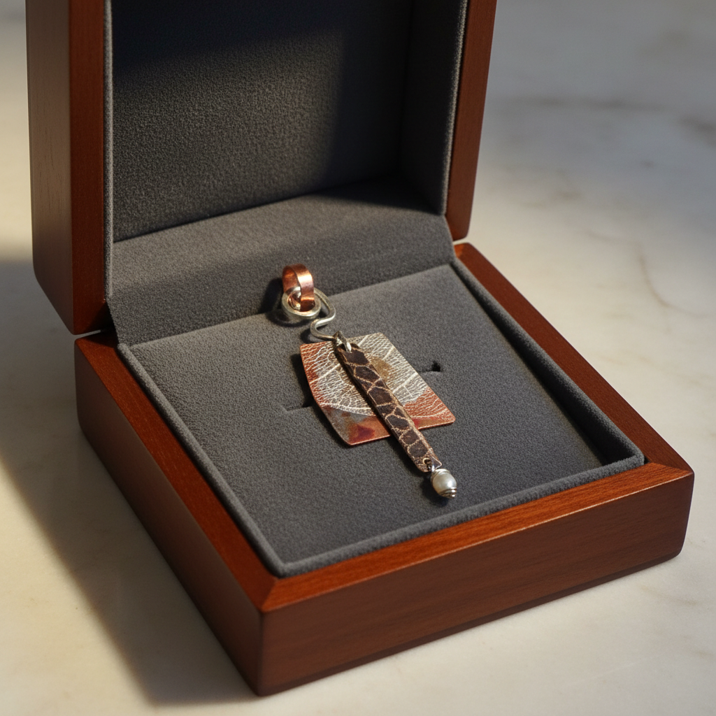 Textured Copper and Pearl Pendant - Gift Box Presentation