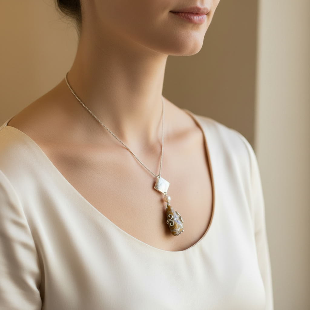 Model wearing Ocean Jasper pearl sterling silver pendant necklace - Simply Wrapped Jewelry