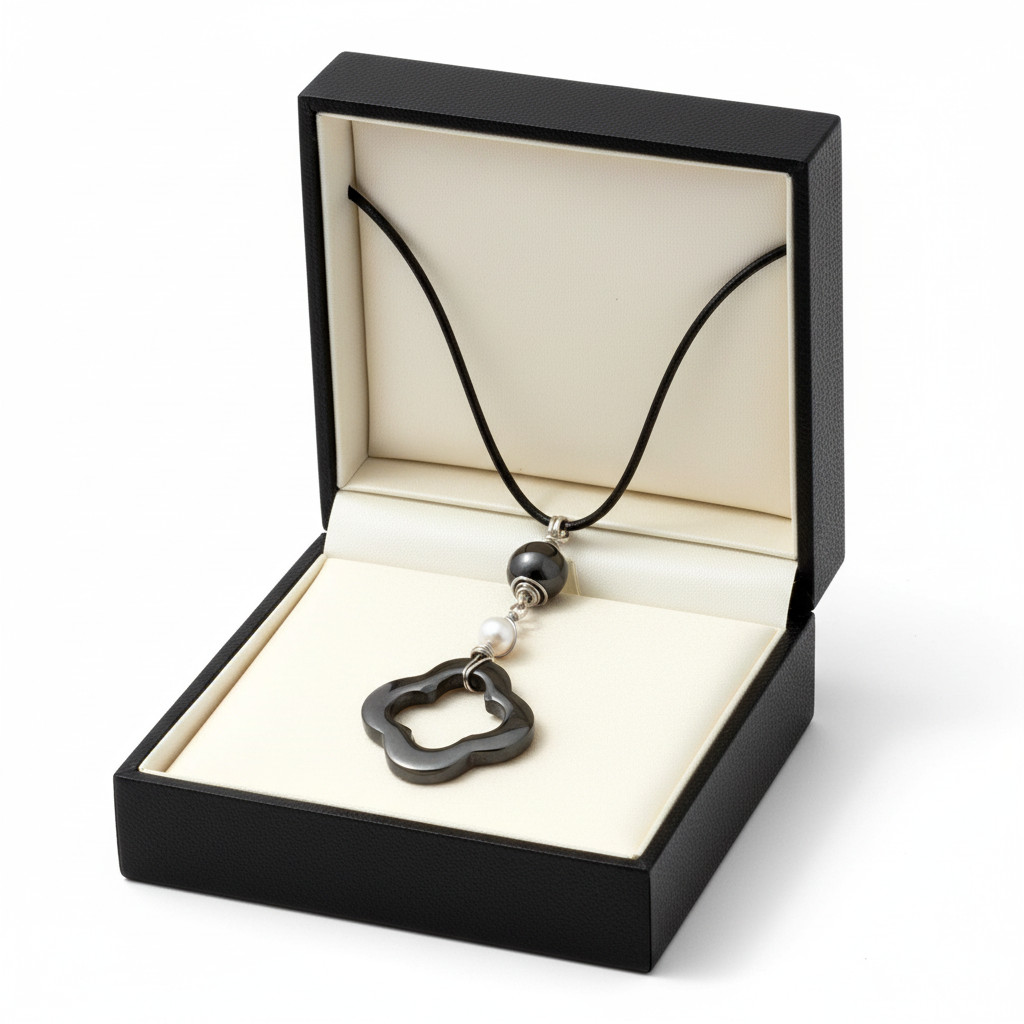 Sterling Silver Hematite Quatrefoil Pendant with Pearl in gift box