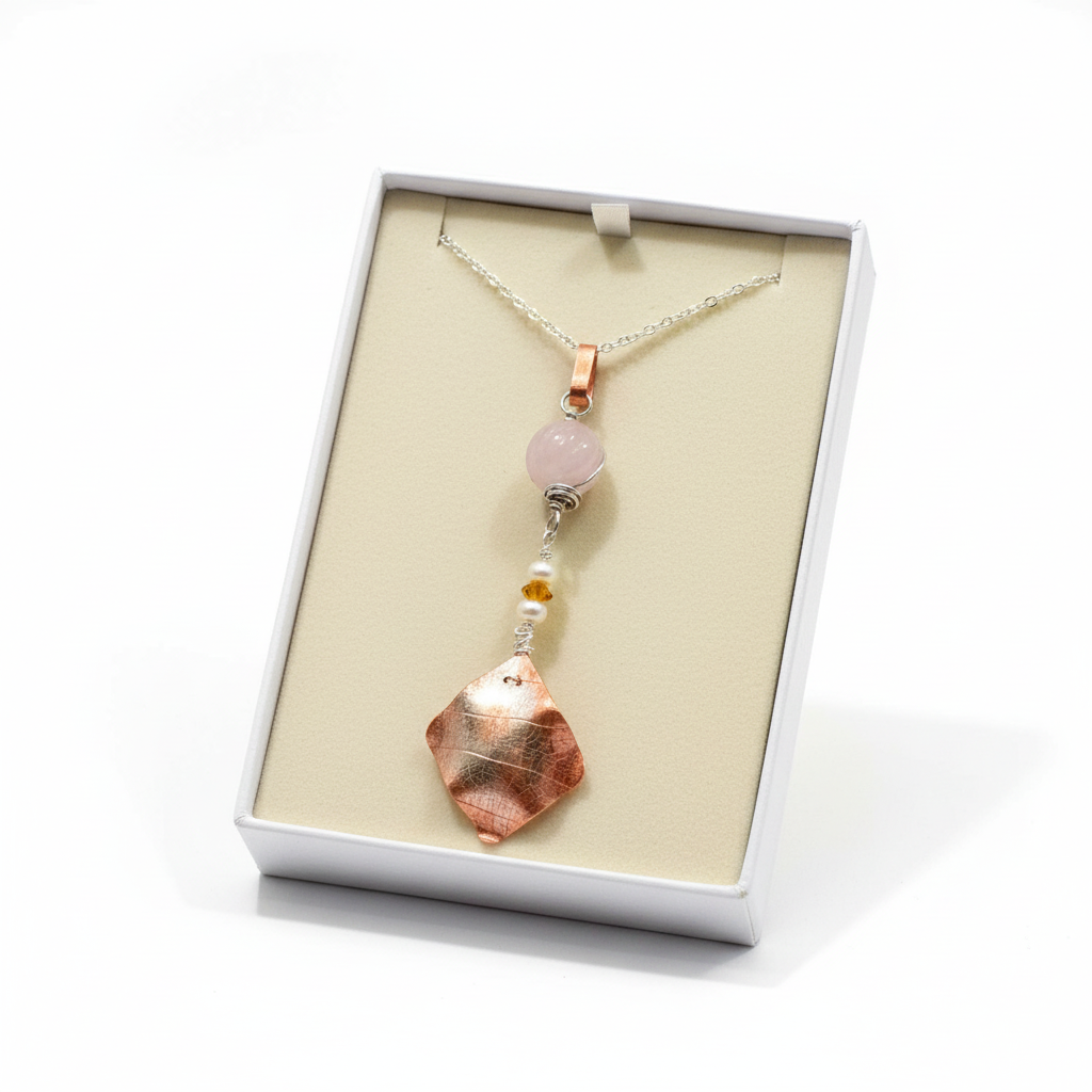 Autumn Leaf Copper and Rose Quartz Pendant in gift box