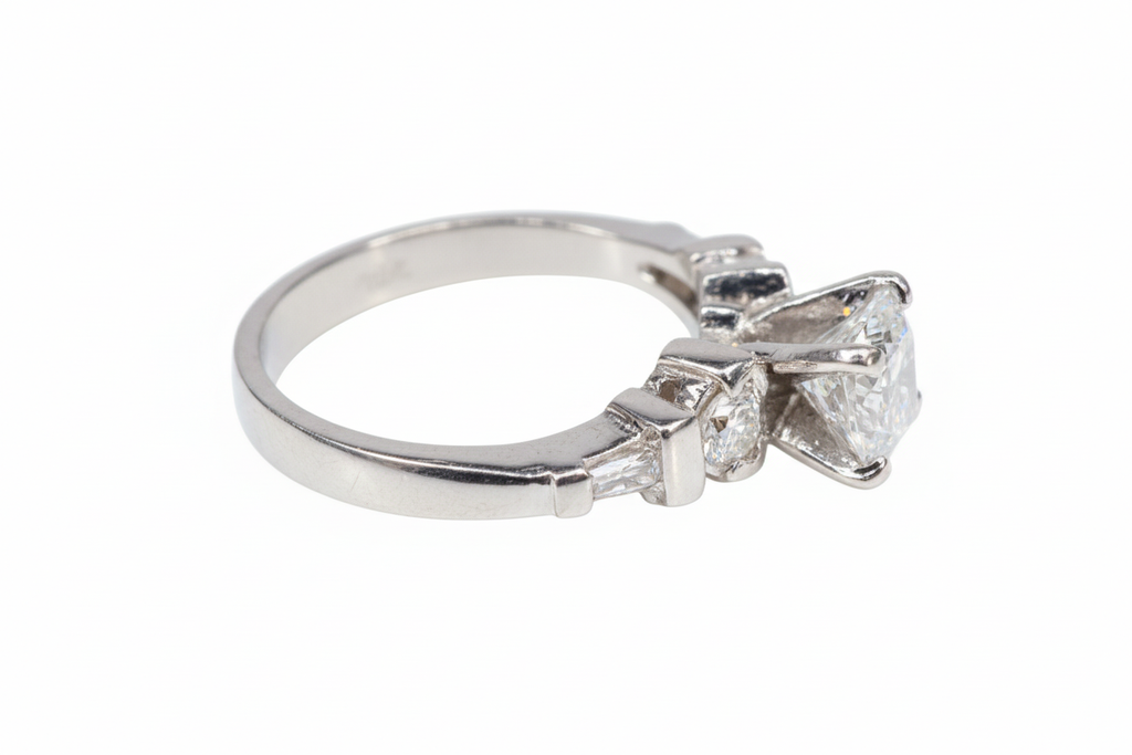 Three stone diamond engagement ring angle view