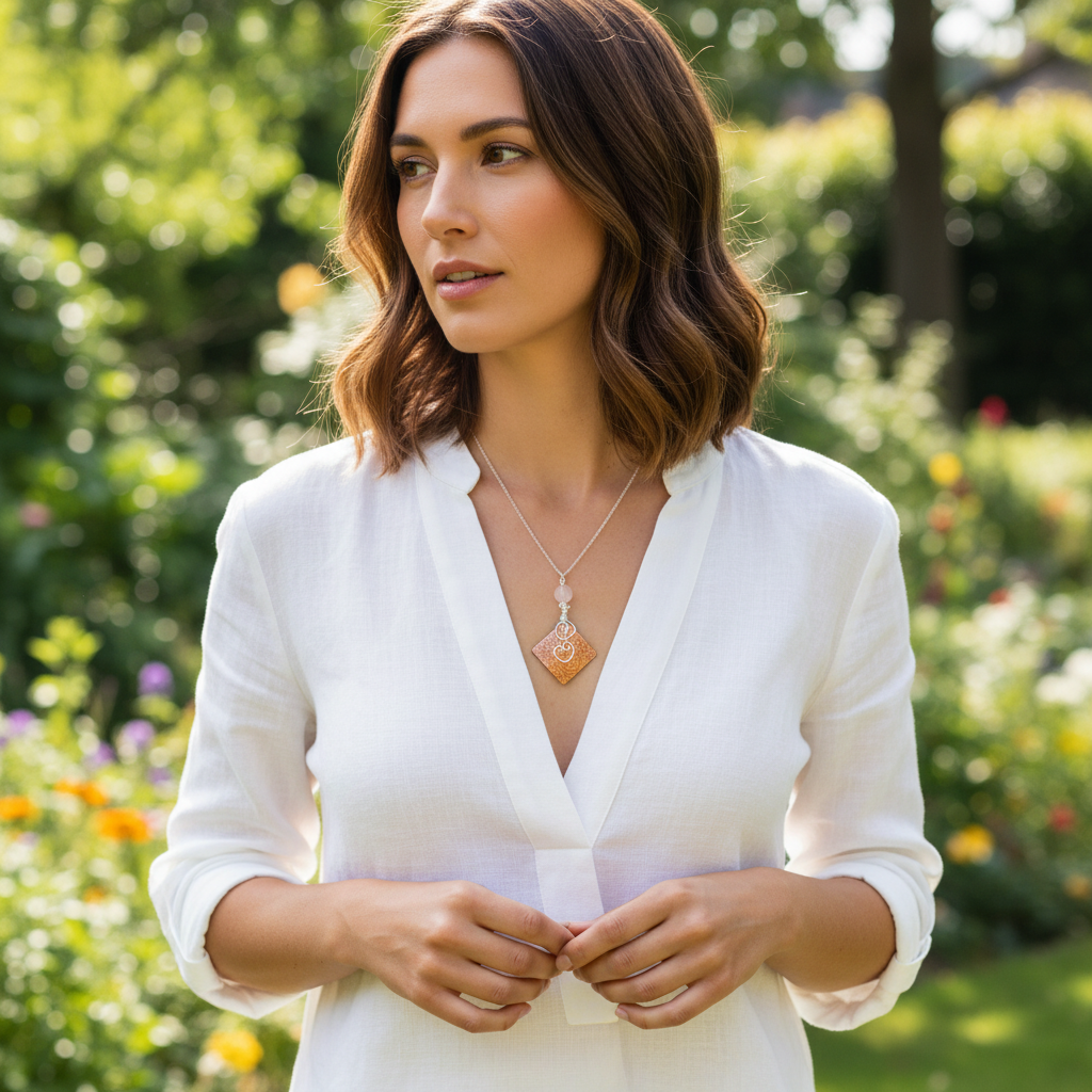 Copper Scroll and Rose Quartz Pendant lifestyle photo