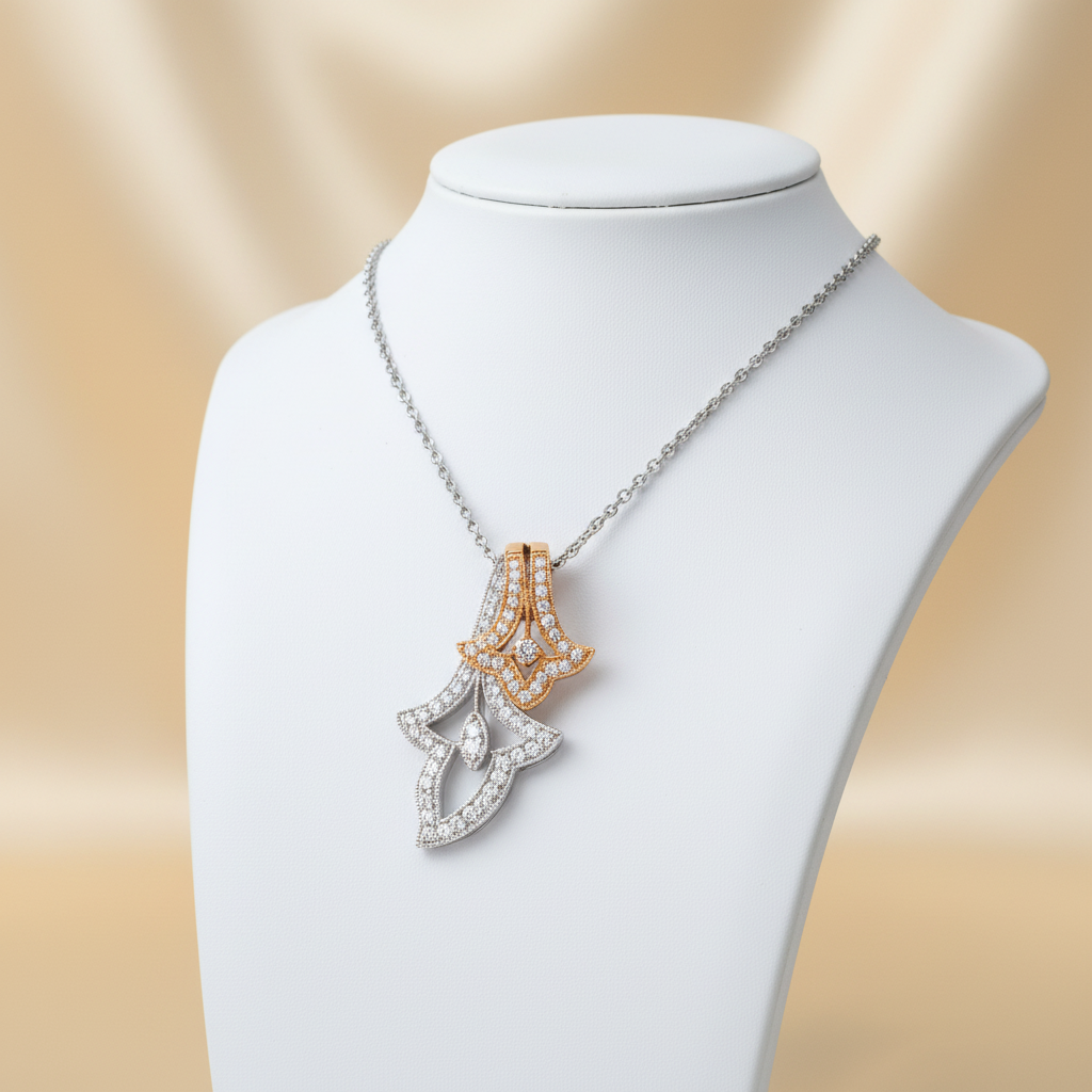 Two-tone diamond pendant on display stand