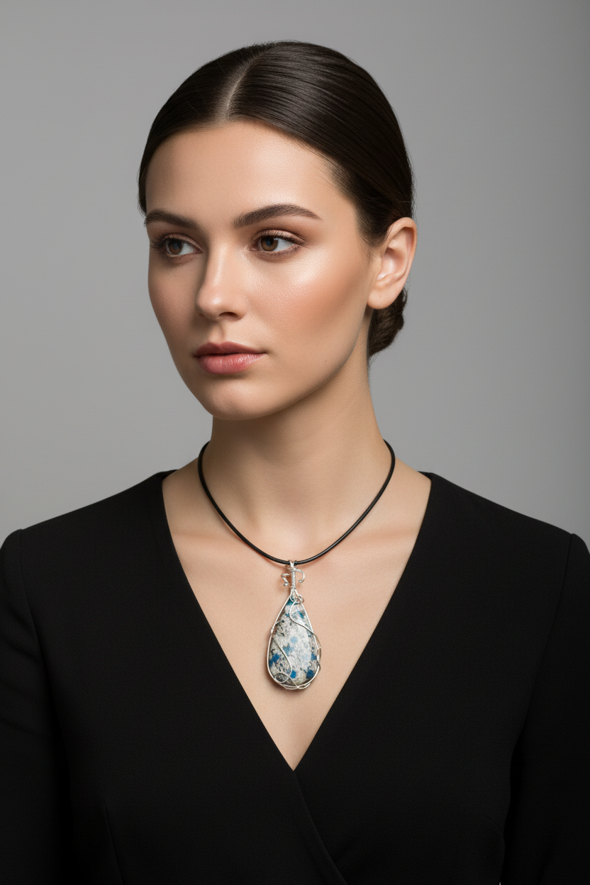 K2 stone pendant necklace worn on model