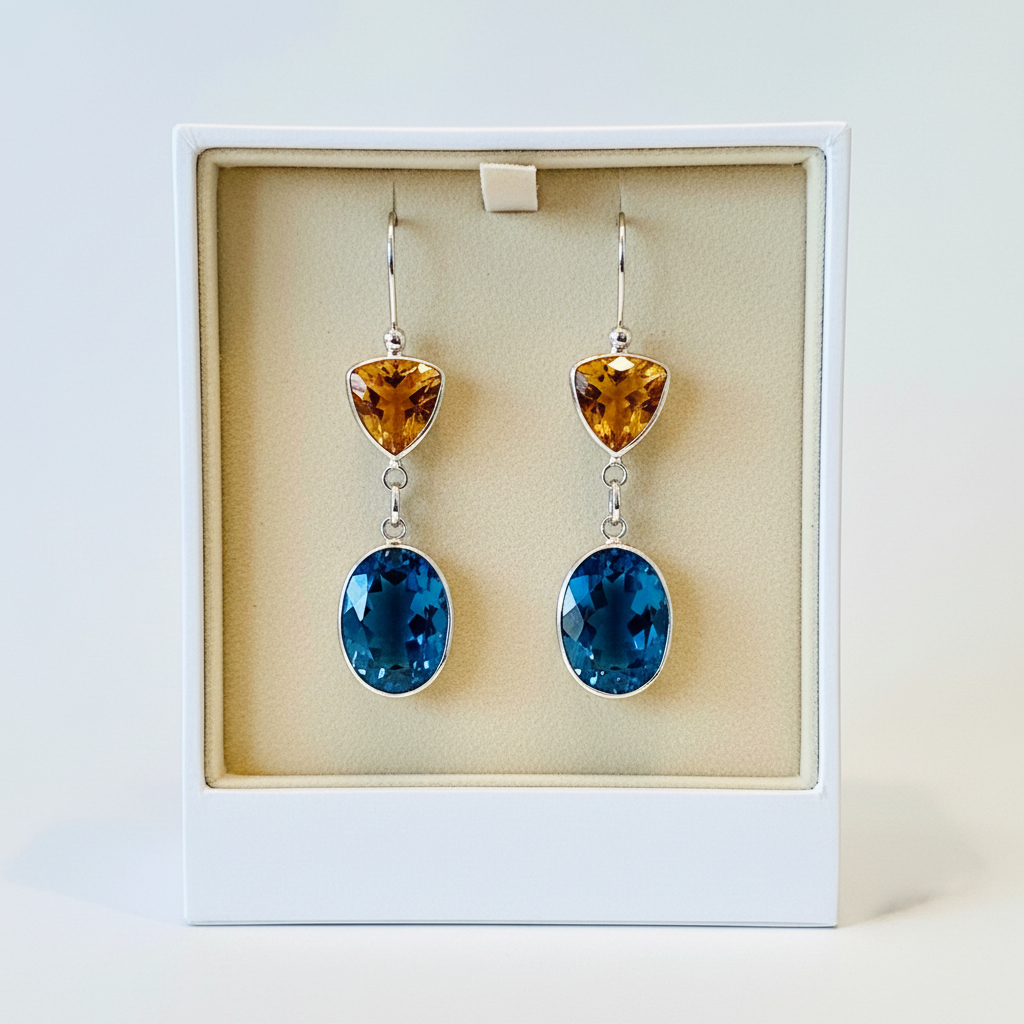 London blue and golden topaz earrings in gift box
