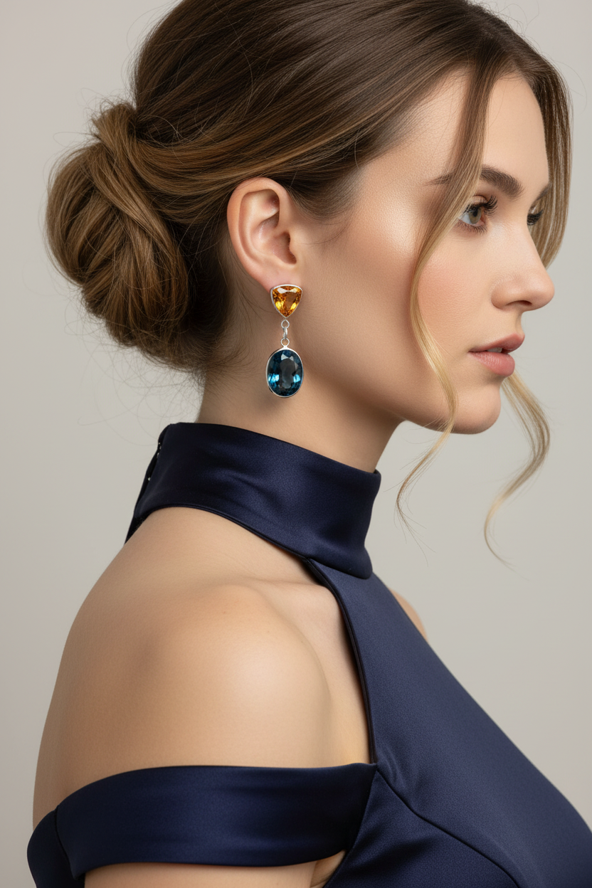 London blue and golden topaz earrings on model - corrected proportions