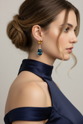 London blue and golden topaz earrings on model - corrected proportions
