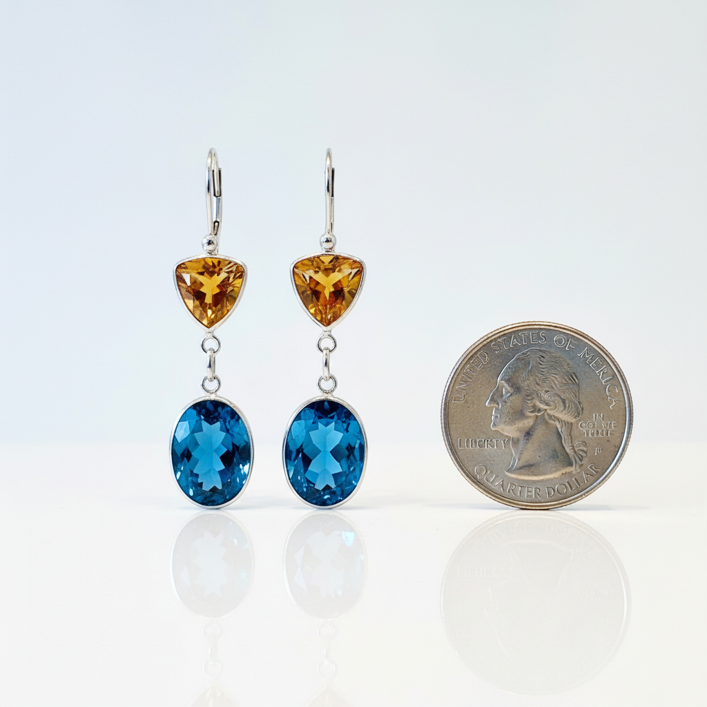 London blue and golden topaz earrings with quarter for scale