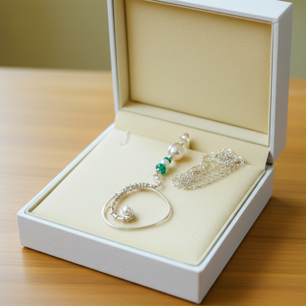 Pearl and emerald spiral pendant in gift box