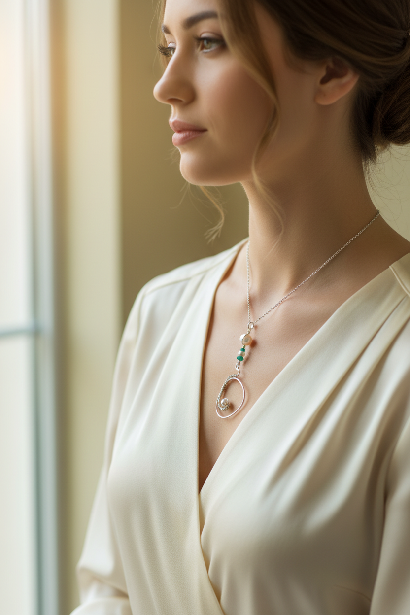 Pearl and emerald spiral pendant on model