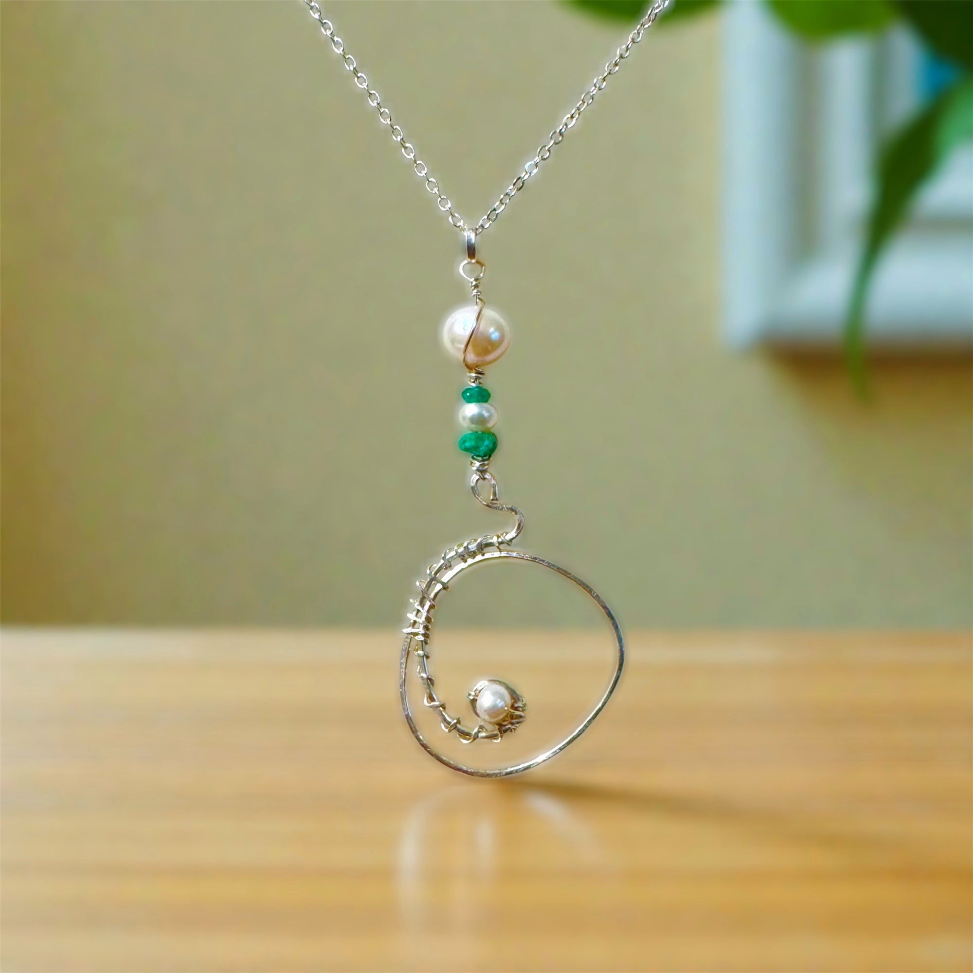 Pearl & Emerald Spiral Wave Pendant Necklace - Handmade Artistic Design