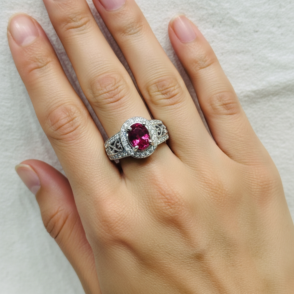 Pink tourmaline ring on model's hand - corrected orientation