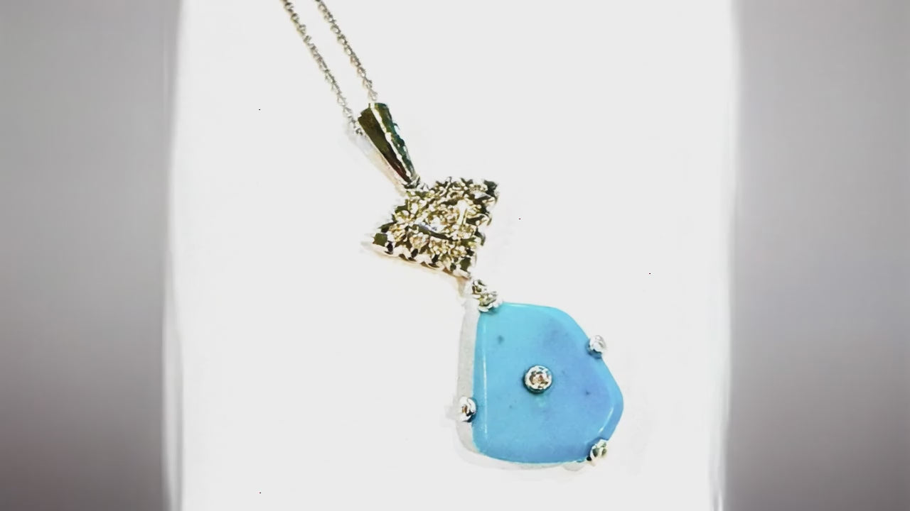 Turquoise and Diamond Pendant - 14K White Gold