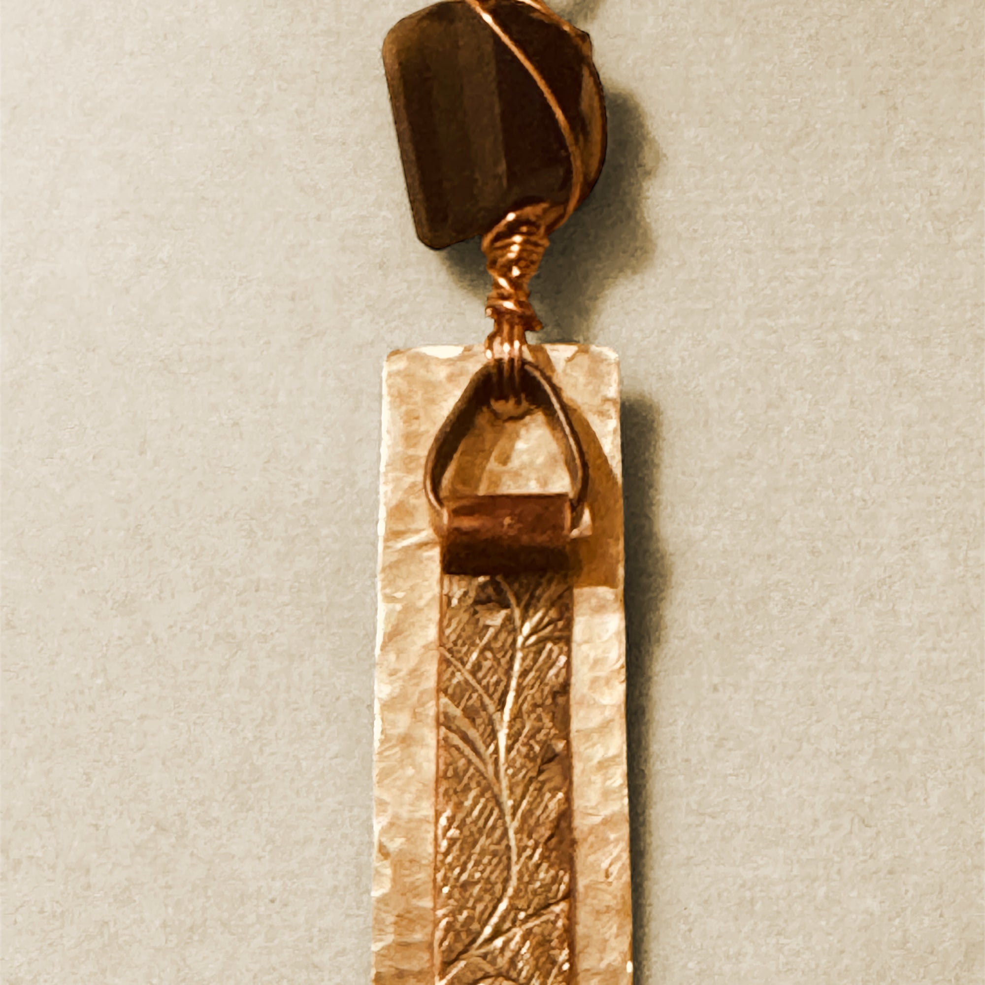 Hammered Brass & Copper Wire Wrapped Pendant with Fancy Cut Smoky Topaz