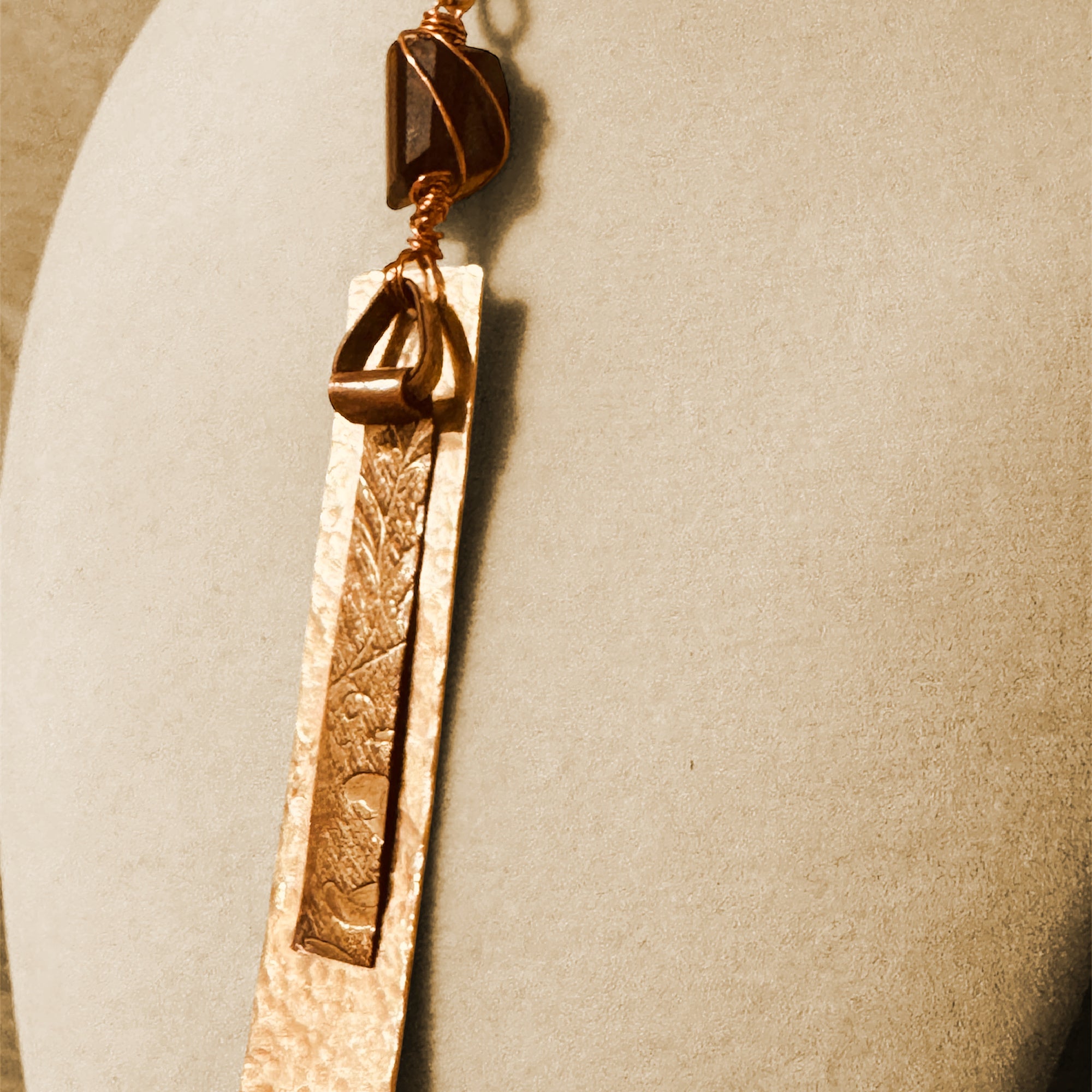 Hammered Brass & Copper Wire Wrapped Pendant with Fancy Cut Smoky Topaz