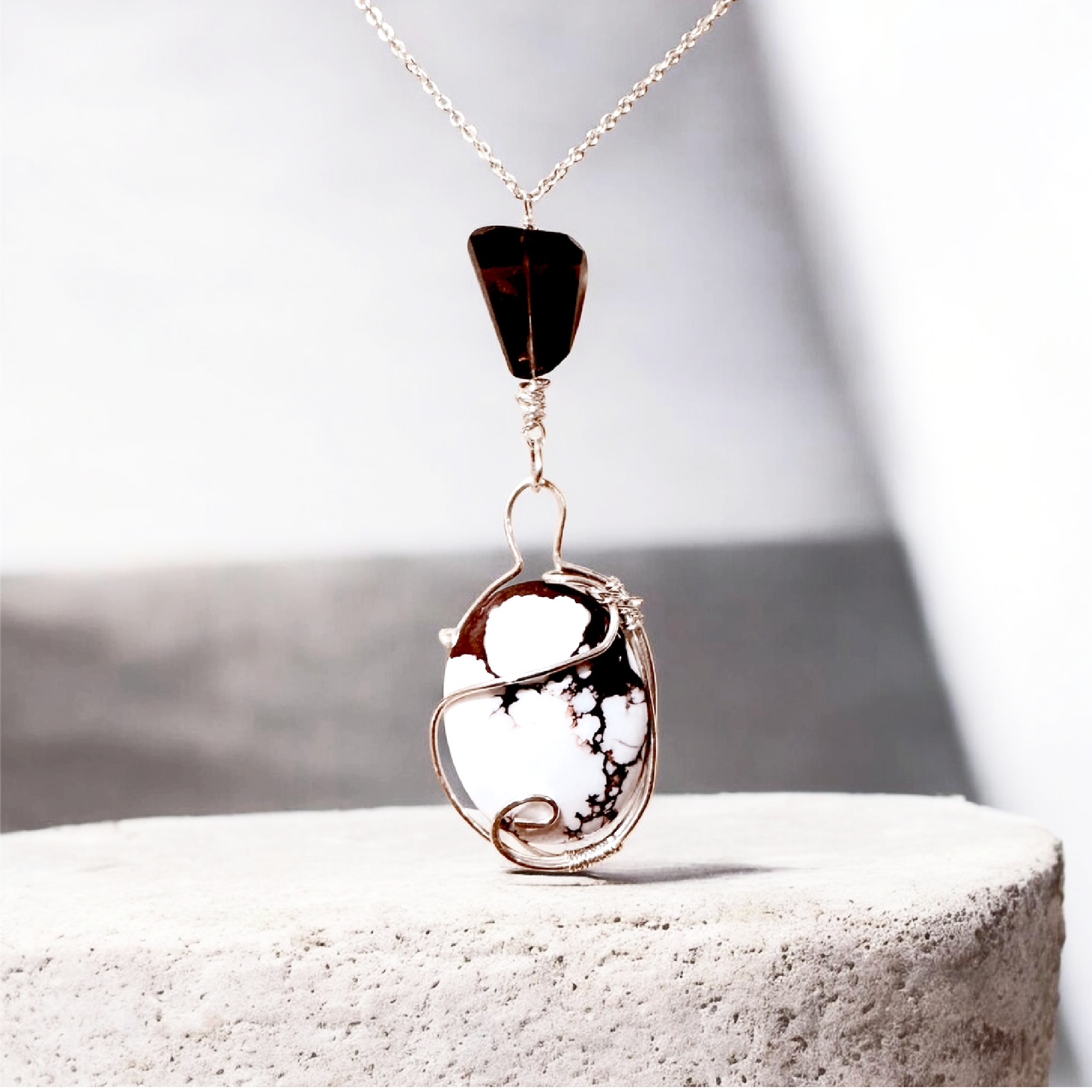 Spirit of the Plains — Wild Horse Magnesite & Smoky Topaz Wire-Wrapped Pendant