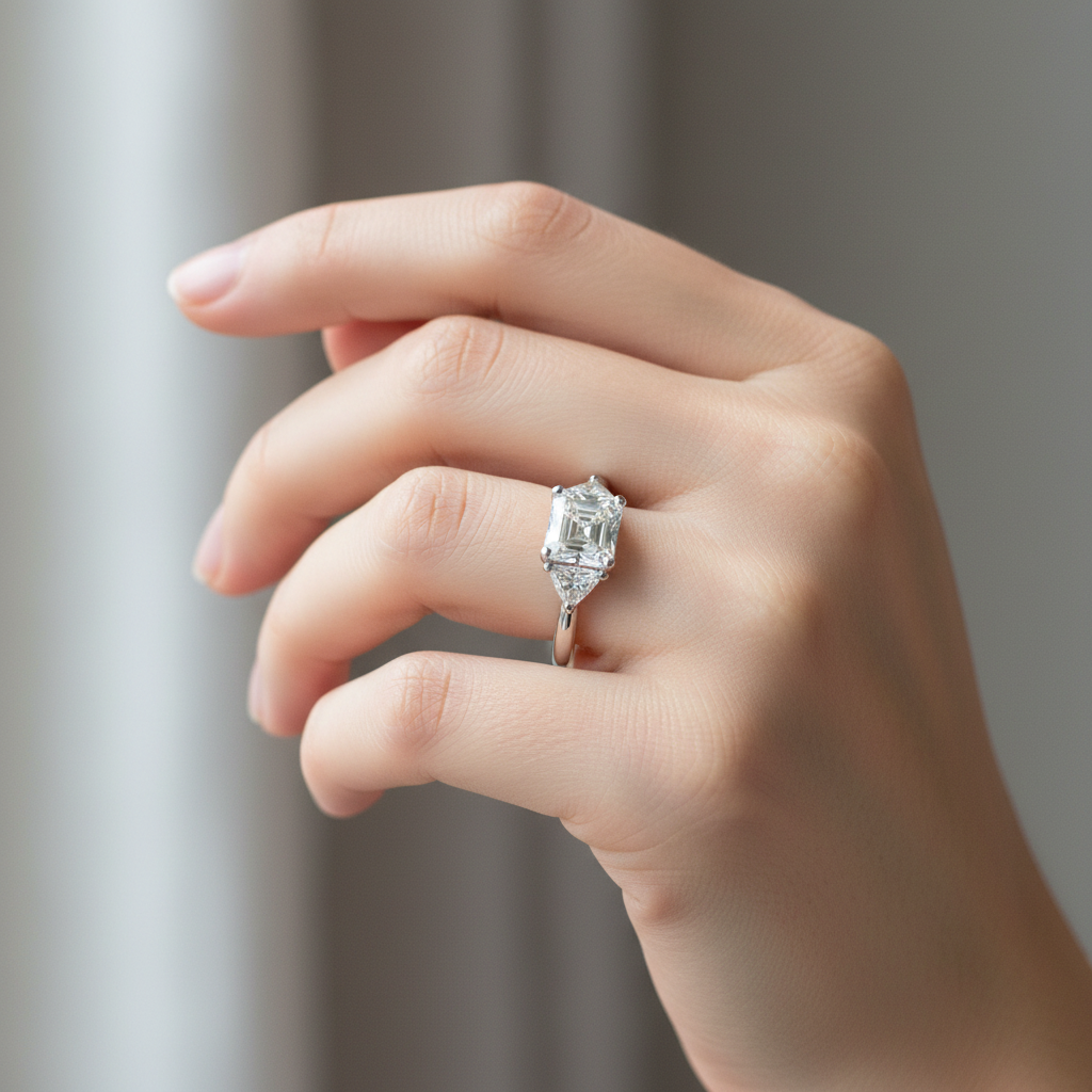 Square emerald cut engagement ring on left hand ring finger