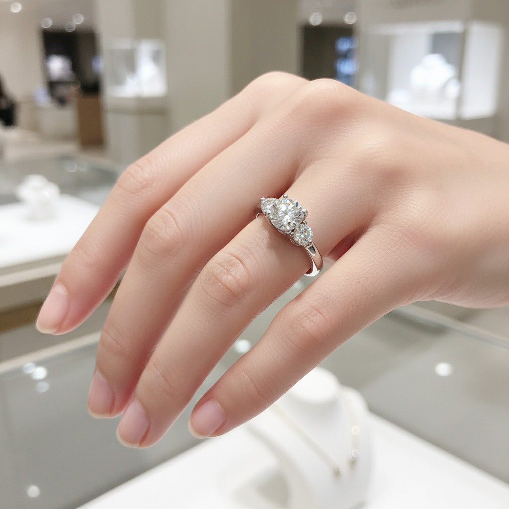 Three-Stone Diamond Engagement Ring on Left Hand Ring Finger