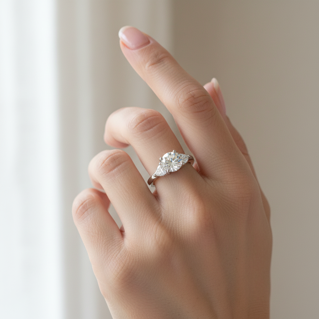 Three-stone diamond engagement ring on model hand