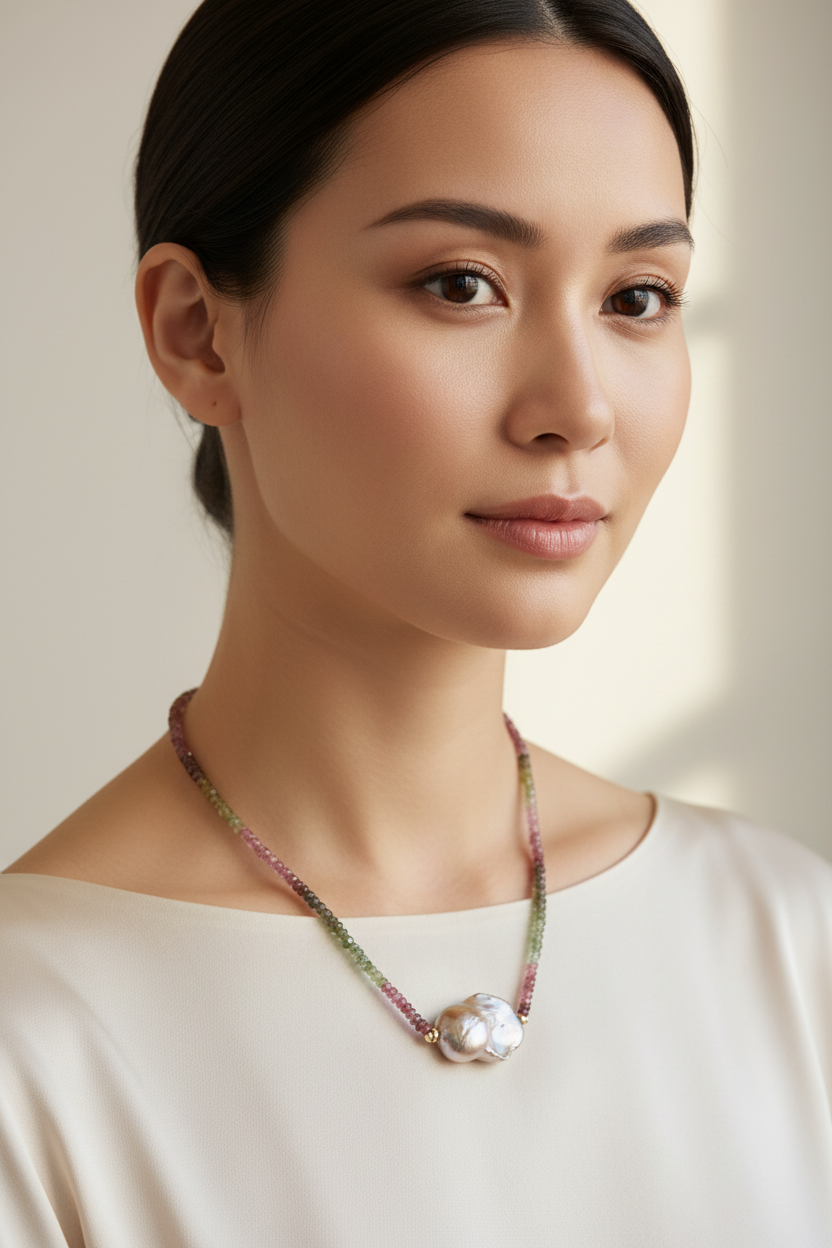 Watermelon Tourmaline Baroque Pearl Necklace Model Shot Cropped